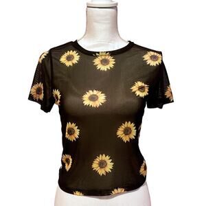 Cloud Dancer Sunflower Print Sheer Mesh Top Short Sleeve Medium Black